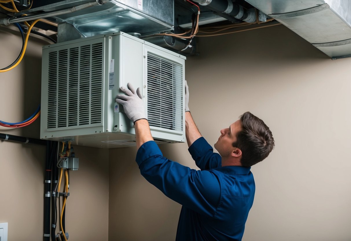 A technician installs an air handler unit in a well-ventilated mechanical room, ensuring proper alignment and secure connections