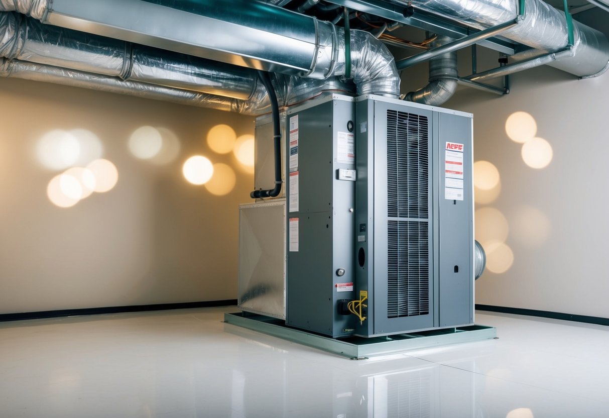 An air handler being installed in a well-ventilated, spacious mechanical room with clear access to all components and proper alignment with ductwork