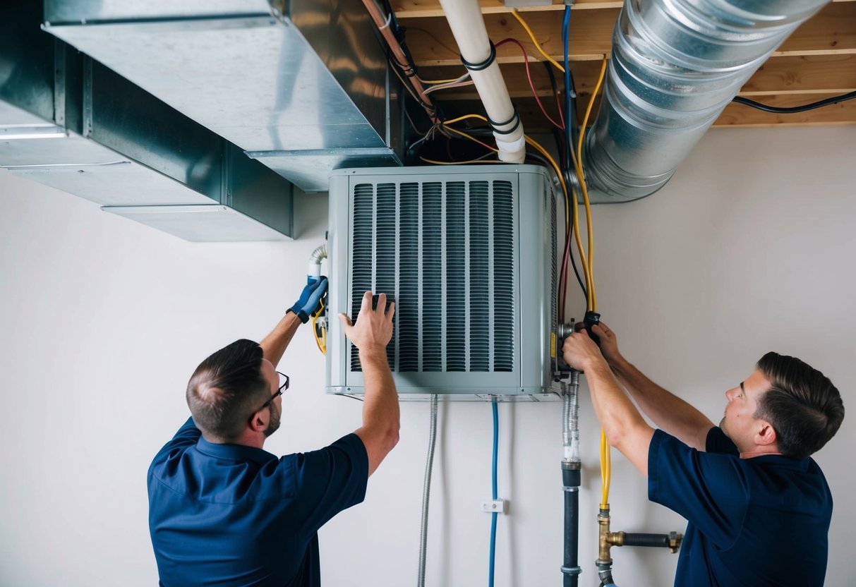 An air handler unit being installed in a mechanical room with ductwork, wiring, and piping being connected by technicians