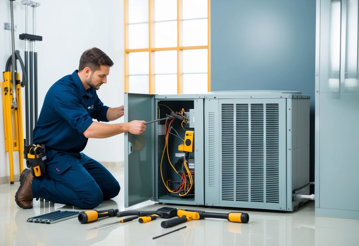 A technician arranging tools and equipment around an open air handler unit in a clean and well-lit mechanical room