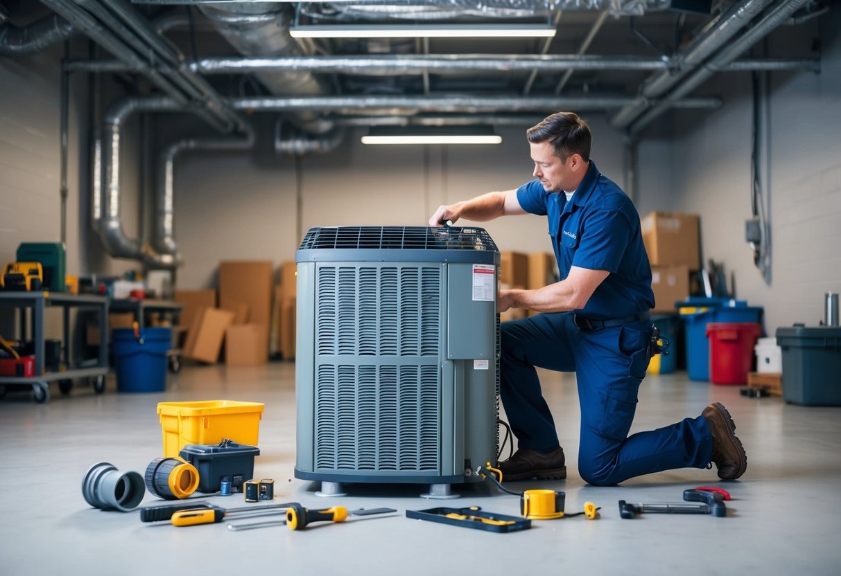 A technician assembling and installing an air handler unit in a spacious mechanical room with various tools and parts scattered around