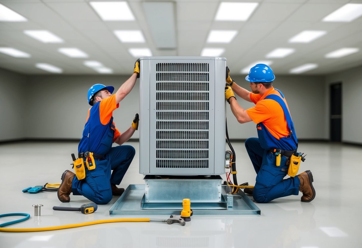 An air handler being installed in a spacious mechanical room, with workers using tools and equipment to secure it in place