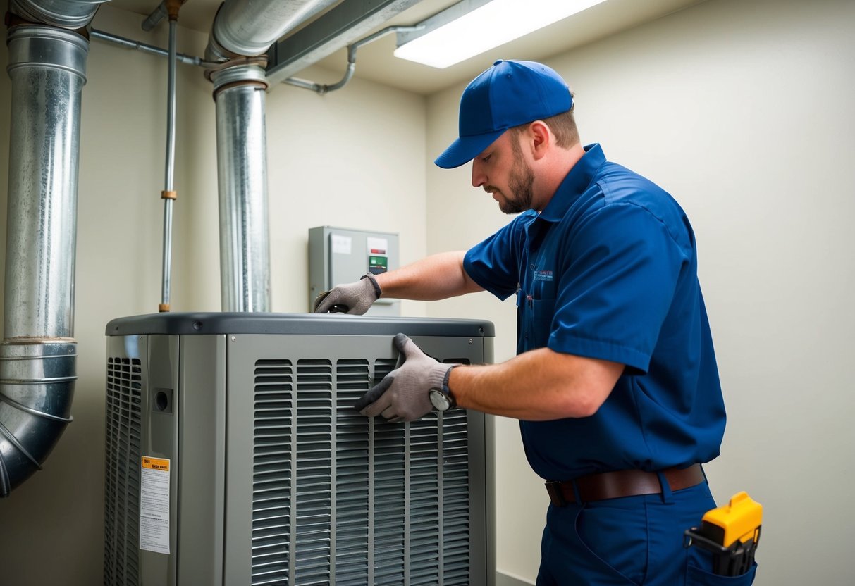 A technician installs an air handler unit in a clean, well-lit mechanical room with proper ventilation and access for maintenance