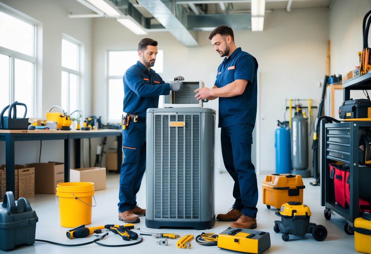 A technician installs a new air handler unit in a spacious, well-lit mechanical room, surrounded by various tools and equipment