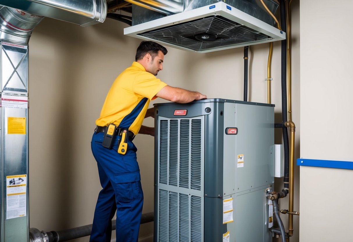 A technician measures and levels the air handler unit before securing it in place within a mechanical room of a commercial building