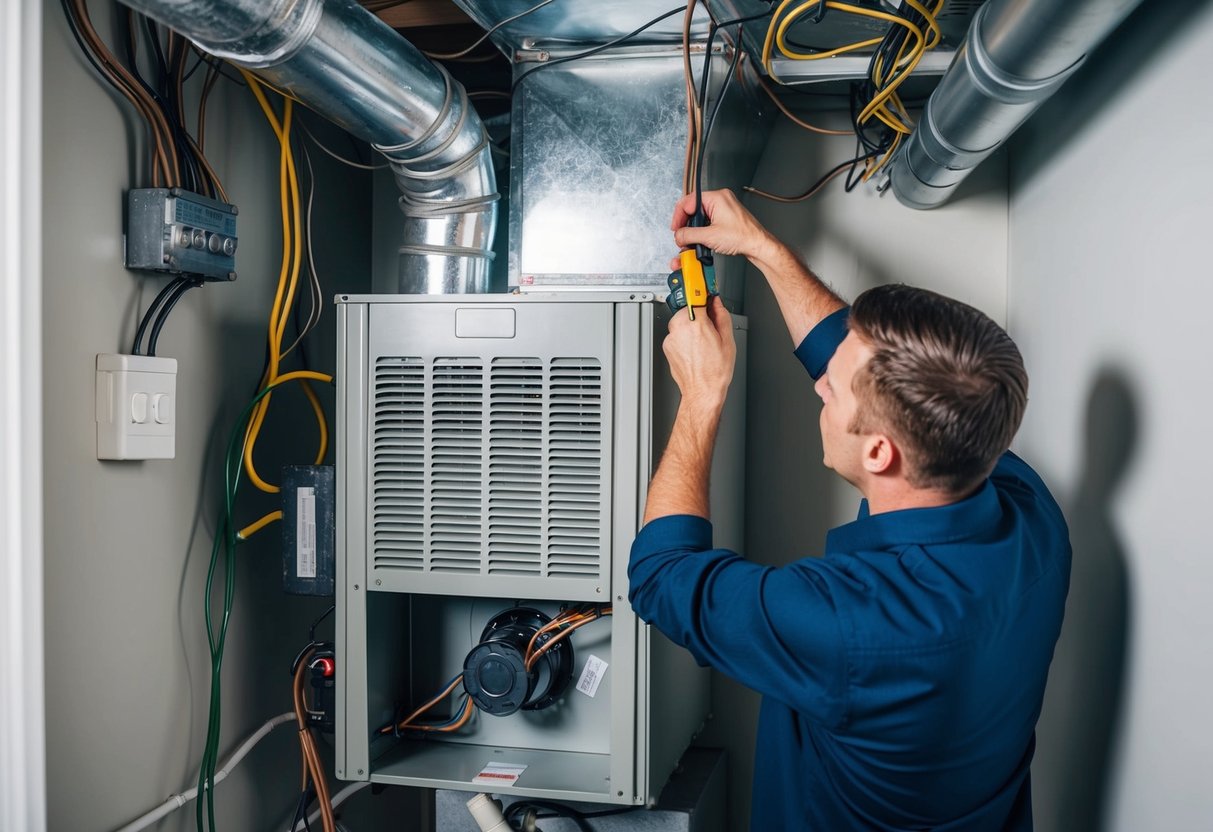 A technician installing an air handler unit in a mechanical room, surrounded by ductwork and electrical wiring