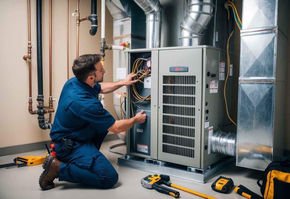 A technician installs an air handler unit in a mechanical room, surrounded by ductwork and piping. Tools and equipment are scattered nearby