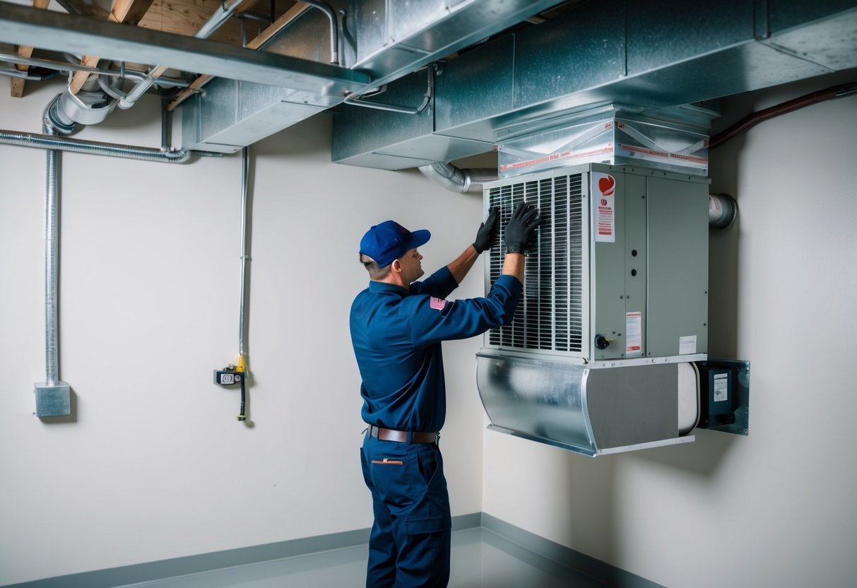 A technician installs an air handler unit in a well-ventilated, spacious mechanical room with proper access for maintenance