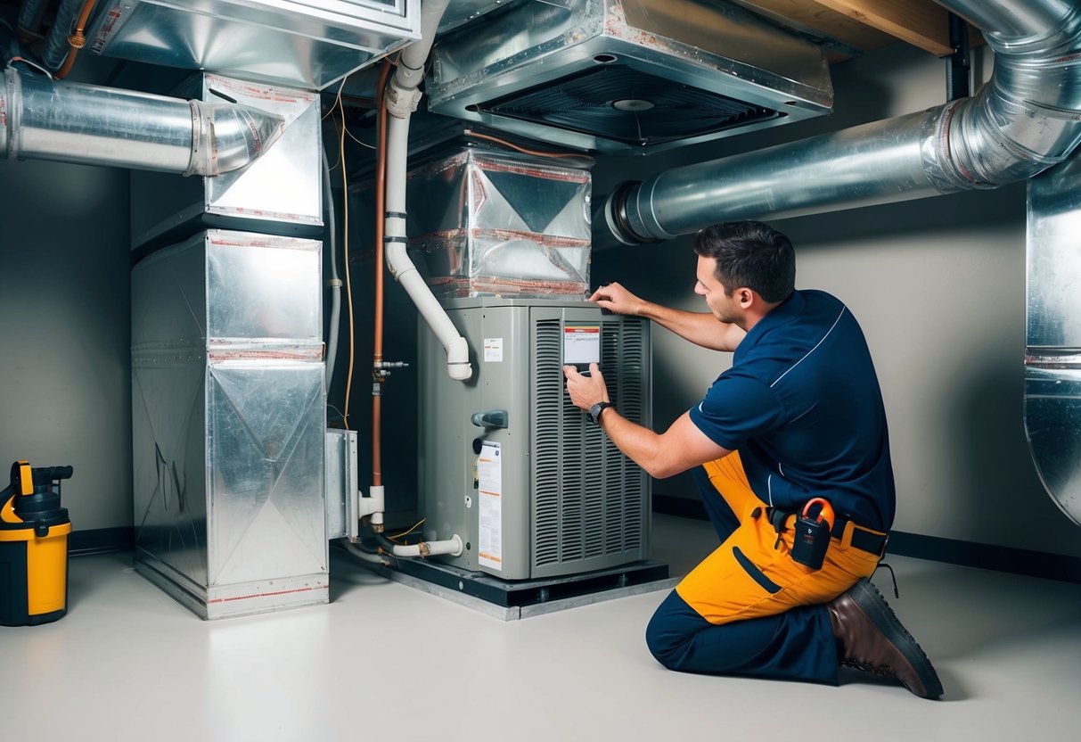 An HVAC technician installing a new air handler unit in a mechanical room, surrounded by ductwork and other HVAC equipment