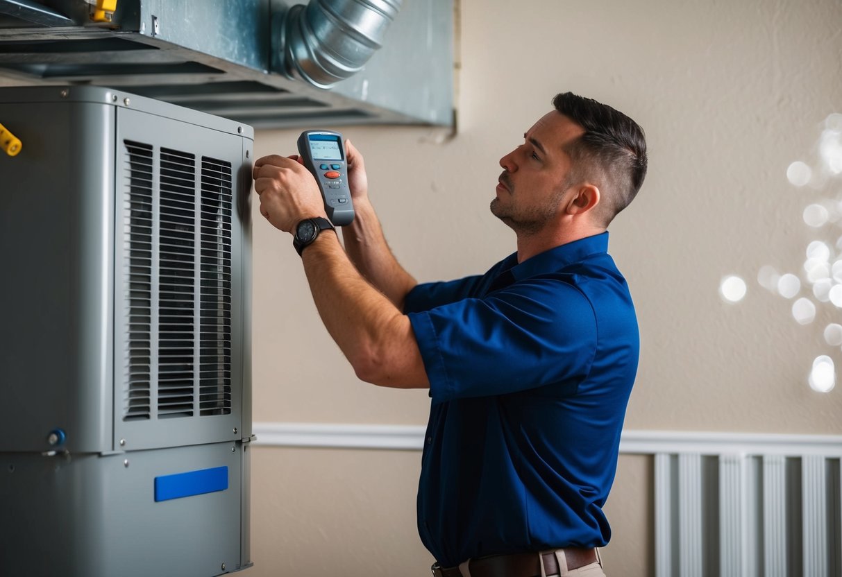 An HVAC technician measures air flow and temperature near a newly upgraded air handler unit