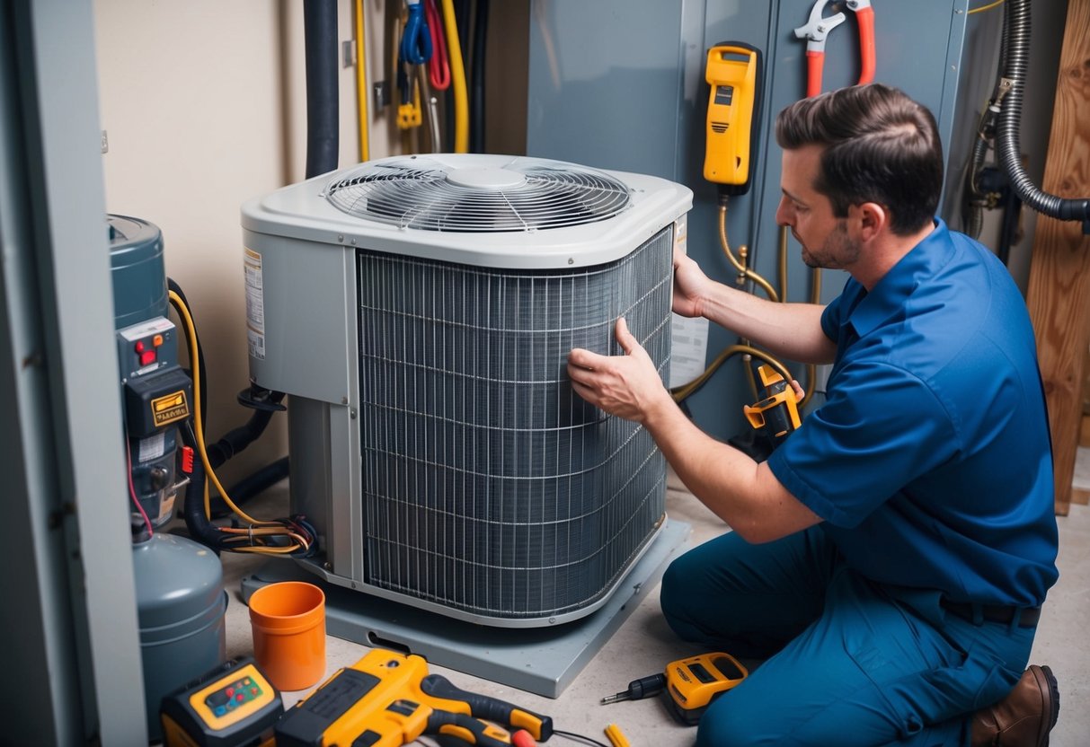 A technician installs a new air handler unit in an HVAC system, surrounded by tools and equipment