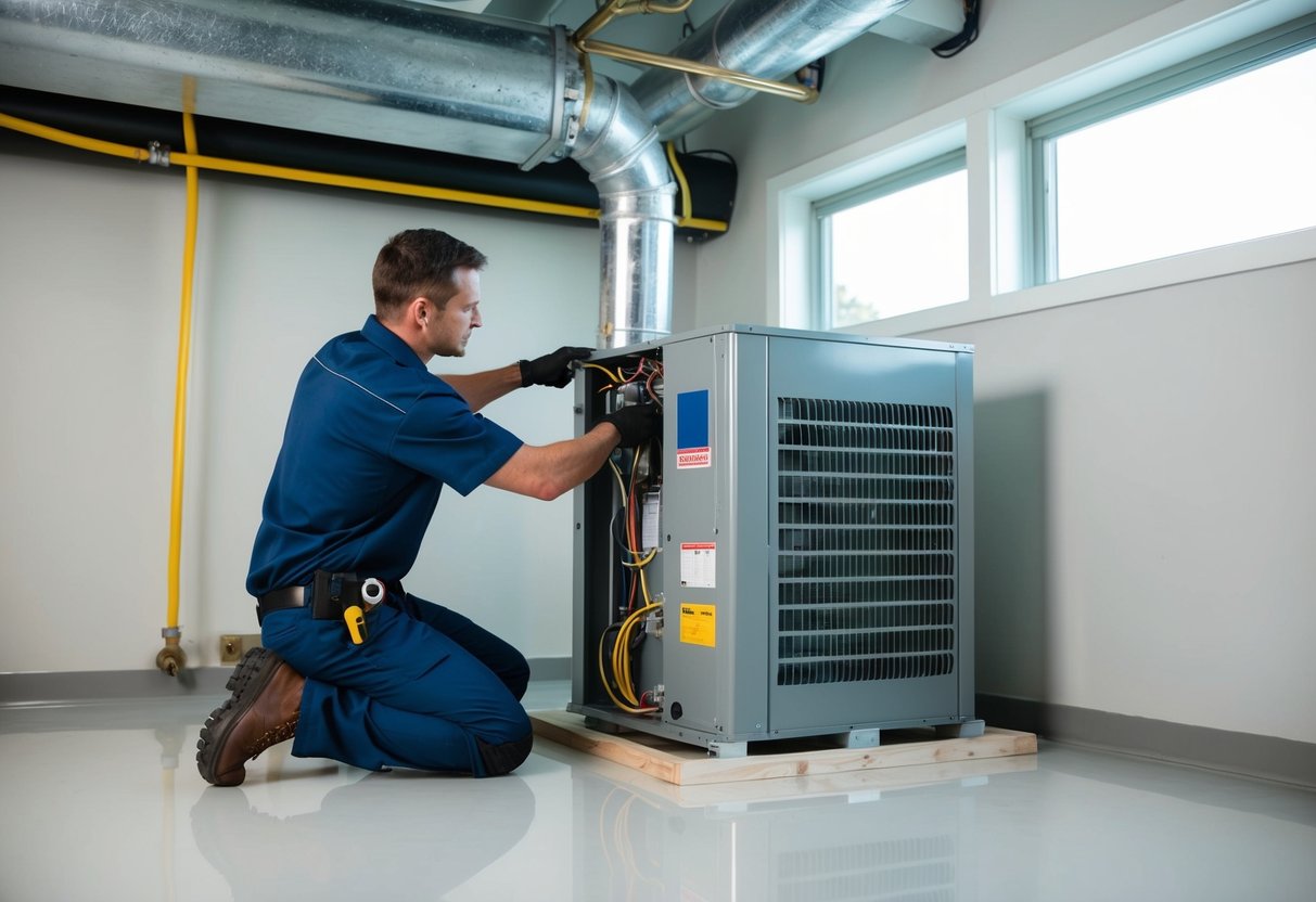 A professional technician installs an air handler unit in a clean and well-lit mechanical room, ensuring proper alignment and secure connections