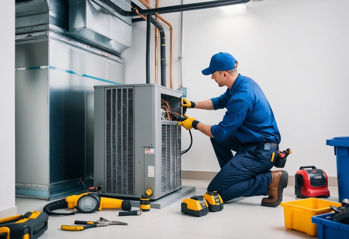 An air handler being installed by a technician in a clean and well-lit mechanical room with various tools and equipment scattered around