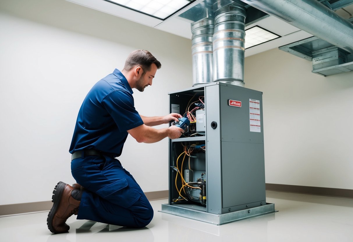 A professional technician installs and tests air handler components in a well-lit, clean mechanical room