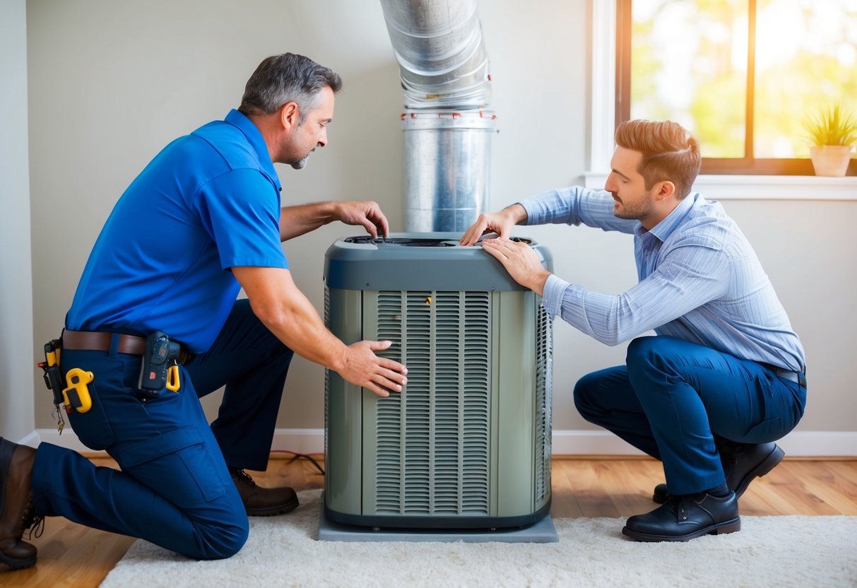 A homeowner watches as a professional HVAC technician installs a new air handler unit in their home, while a DIY enthusiast attempts to install their own air handler with varying levels of success