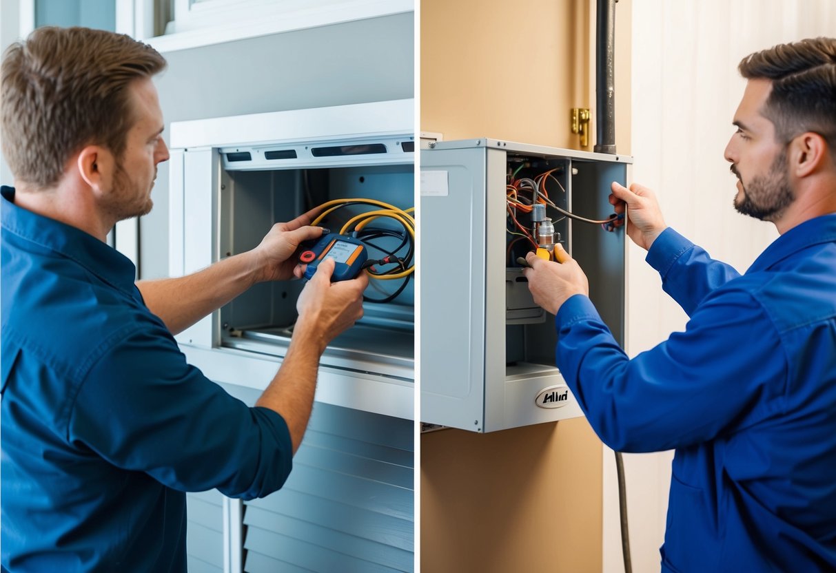 A split screen showing a homeowner attempting DIY air handler installation on one side, and a professional HVAC technician installing the air handler on the other side