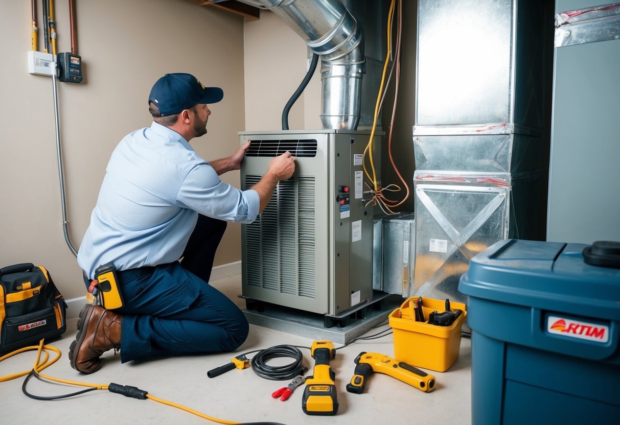 A person installs an air handler unit in a mechanical room, surrounded by tools and equipment. The unit is connected to ductwork and electrical wiring