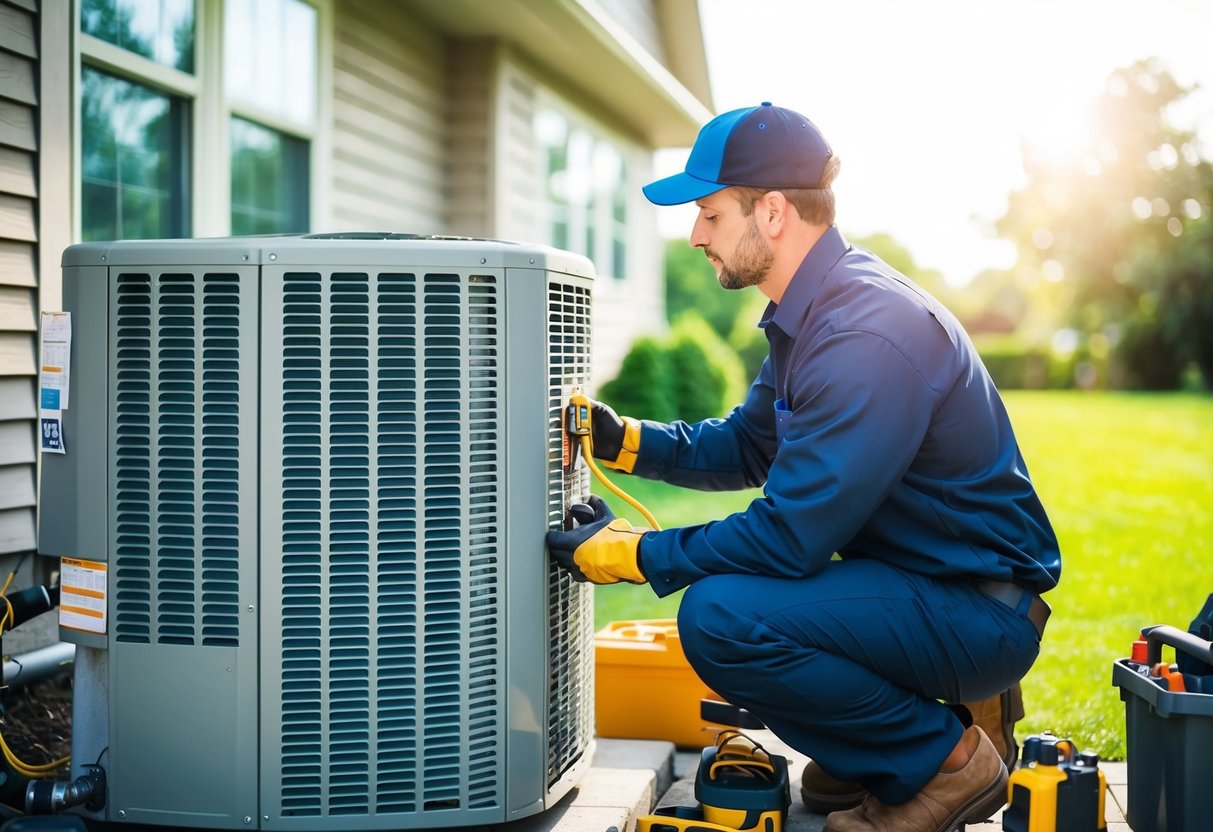 A technician installs a heat pump unit outside a house, connecting it to the existing HVAC system. The sun shines as the technician works, surrounded by tools and equipment