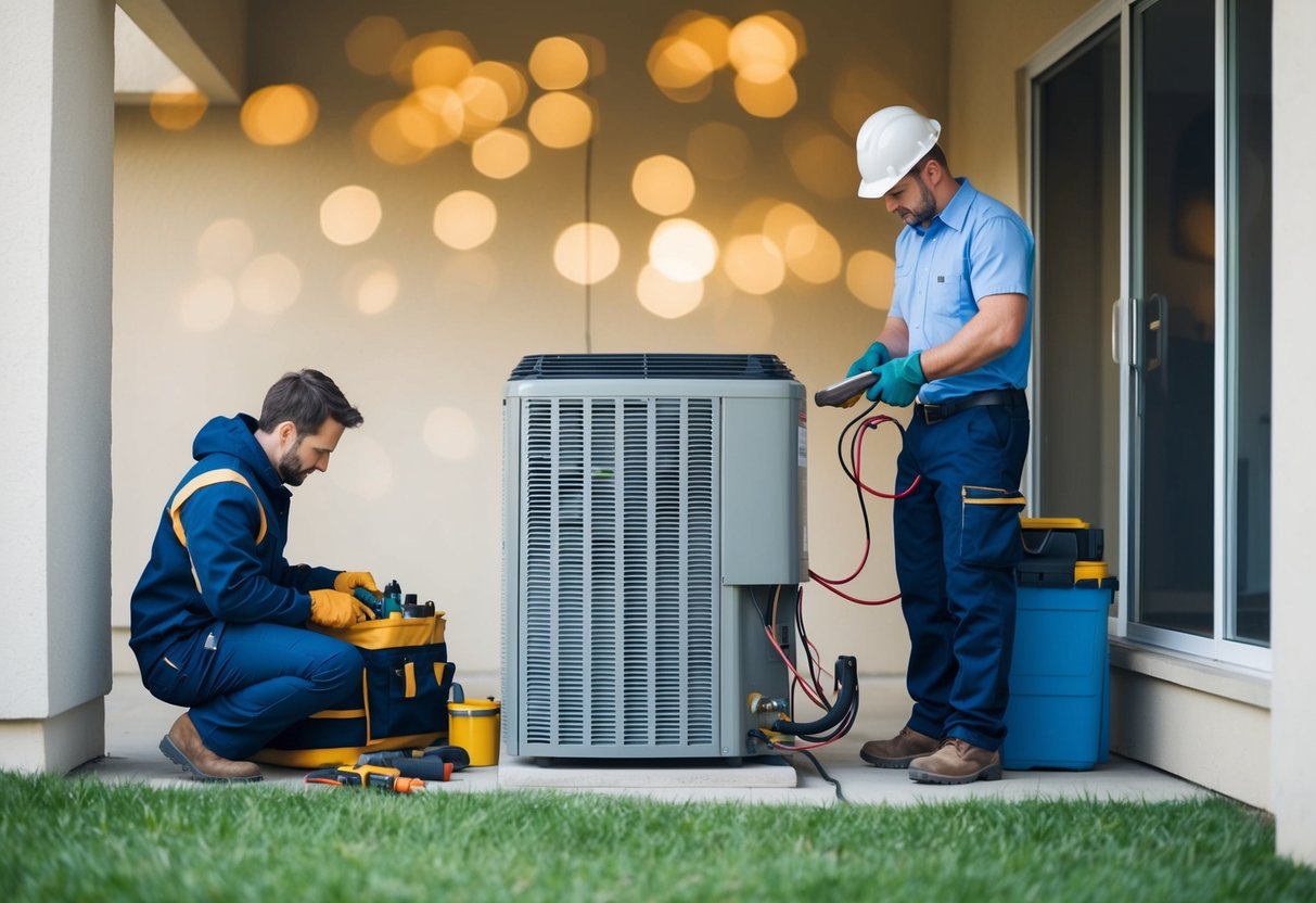 A technician unpacks tools and equipment near an outdoor unit, while another worker prepares the indoor space for a heat pump installation