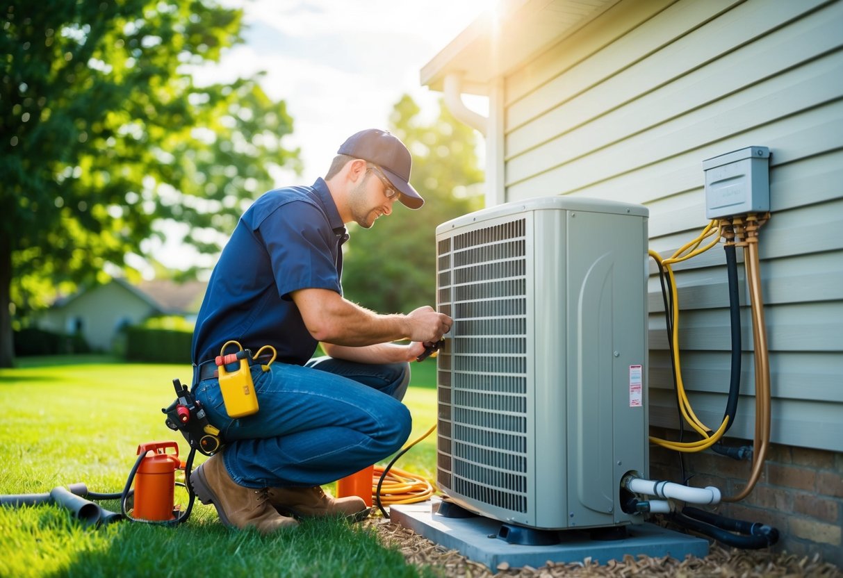 A technician installs a heat pump outside a house, connecting pipes and wiring to the unit. The sun shines down on the installation site