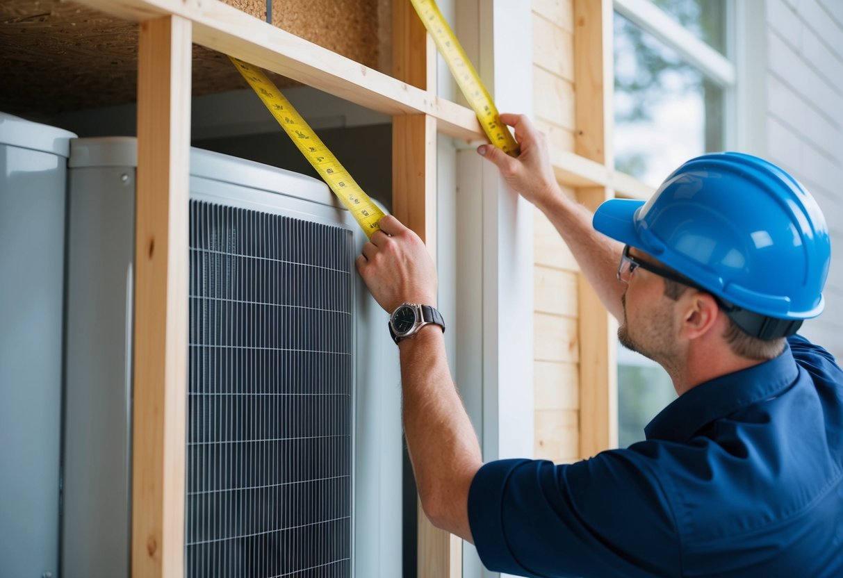 A technician measuring and evaluating the dimensions of a building while considering factors such as insulation and climate for heat pump sizing and selection