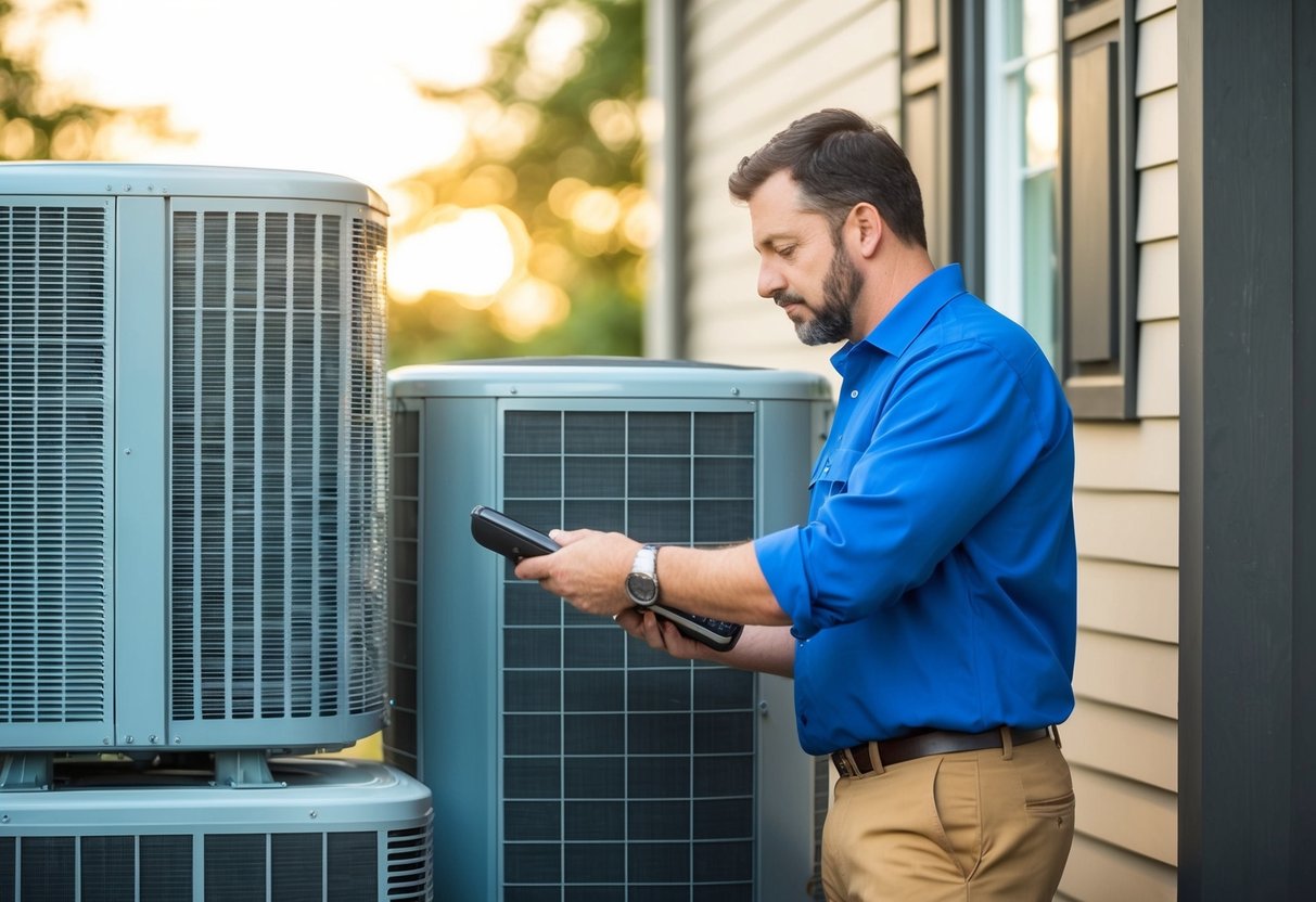 A technician compares various heat pump models and sizes based on building specifications and energy efficiency ratings