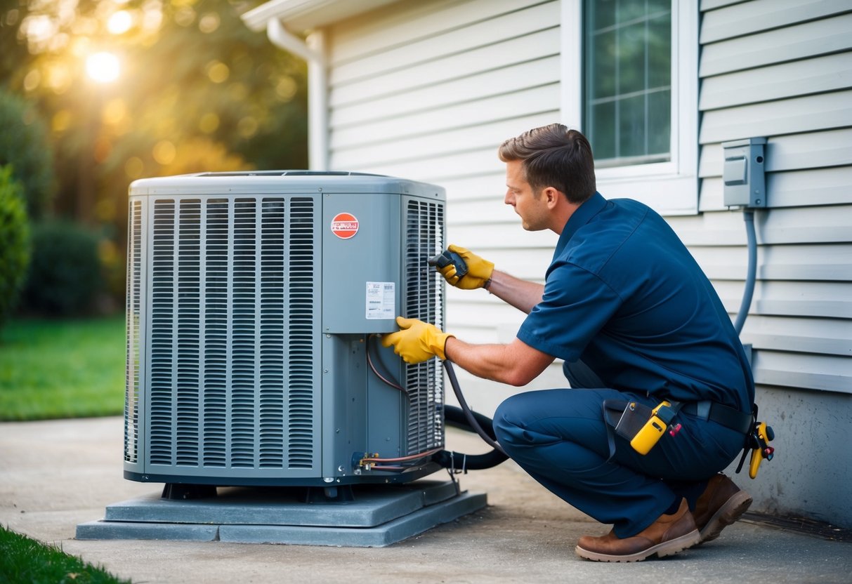 A technician installs a heat pump unit outside a house, connecting it to the electrical system and positioning it on a concrete pad