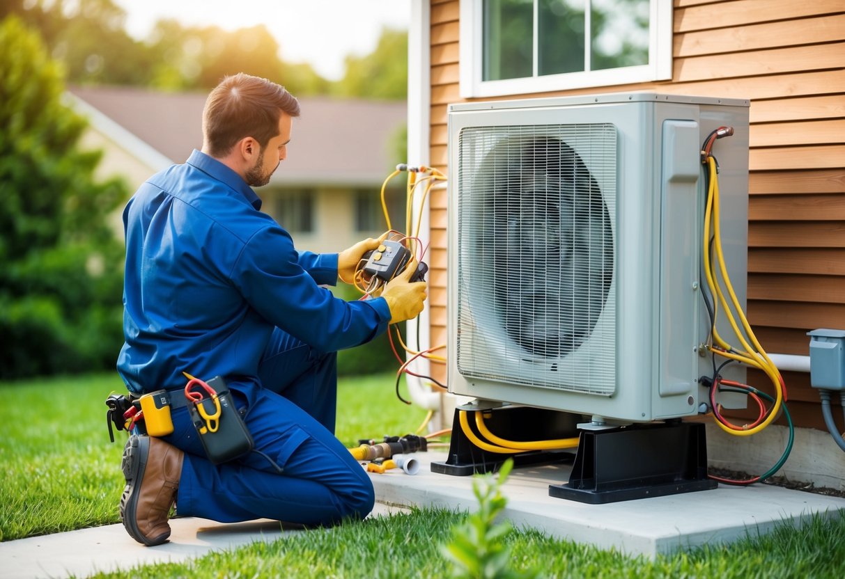 A technician installs a heat pump outside a house, connecting pipes and wiring to the unit while following a step-by-step guide