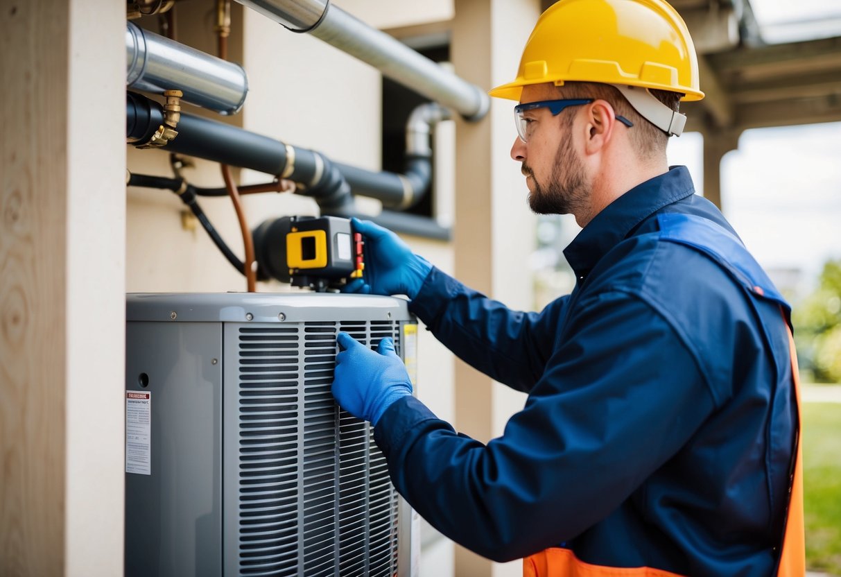 A technician carefully installs a heat pump system, wearing safety gear and following proper precautions