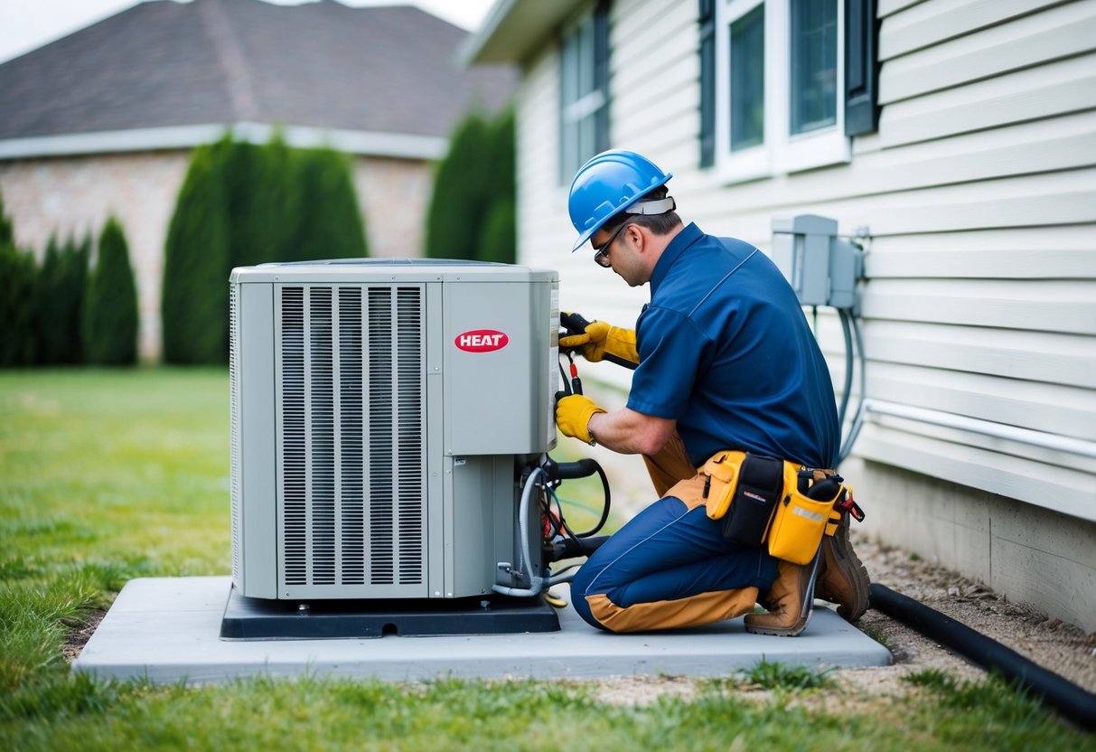 A technician carefully installs a heat pump, wearing safety gear and following safety guidelines. The pump is positioned on a concrete pad near a residential building