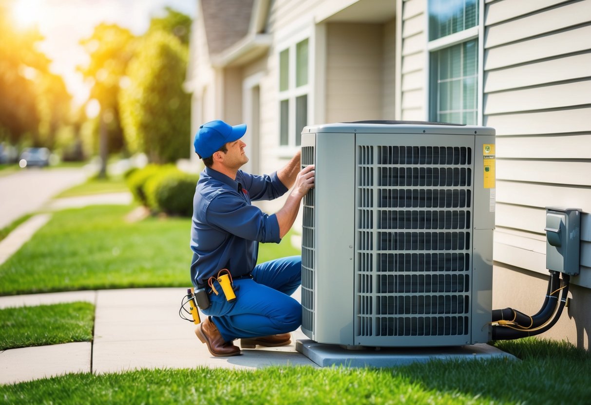 A technician installing a heat pump unit outside a suburban home on a sunny day