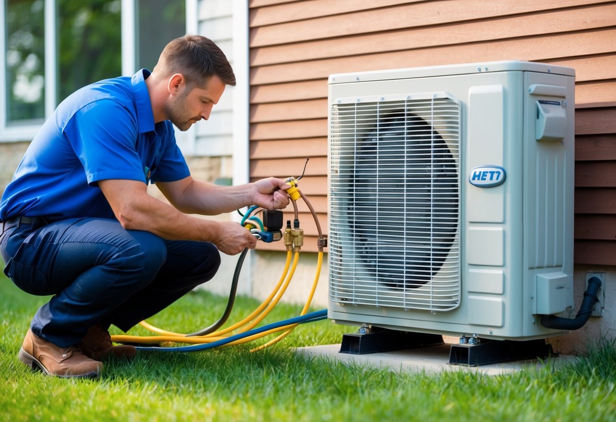 A technician installs a heat pump outside a house, connecting pipes and wiring to the unit while following installation tips for efficiency