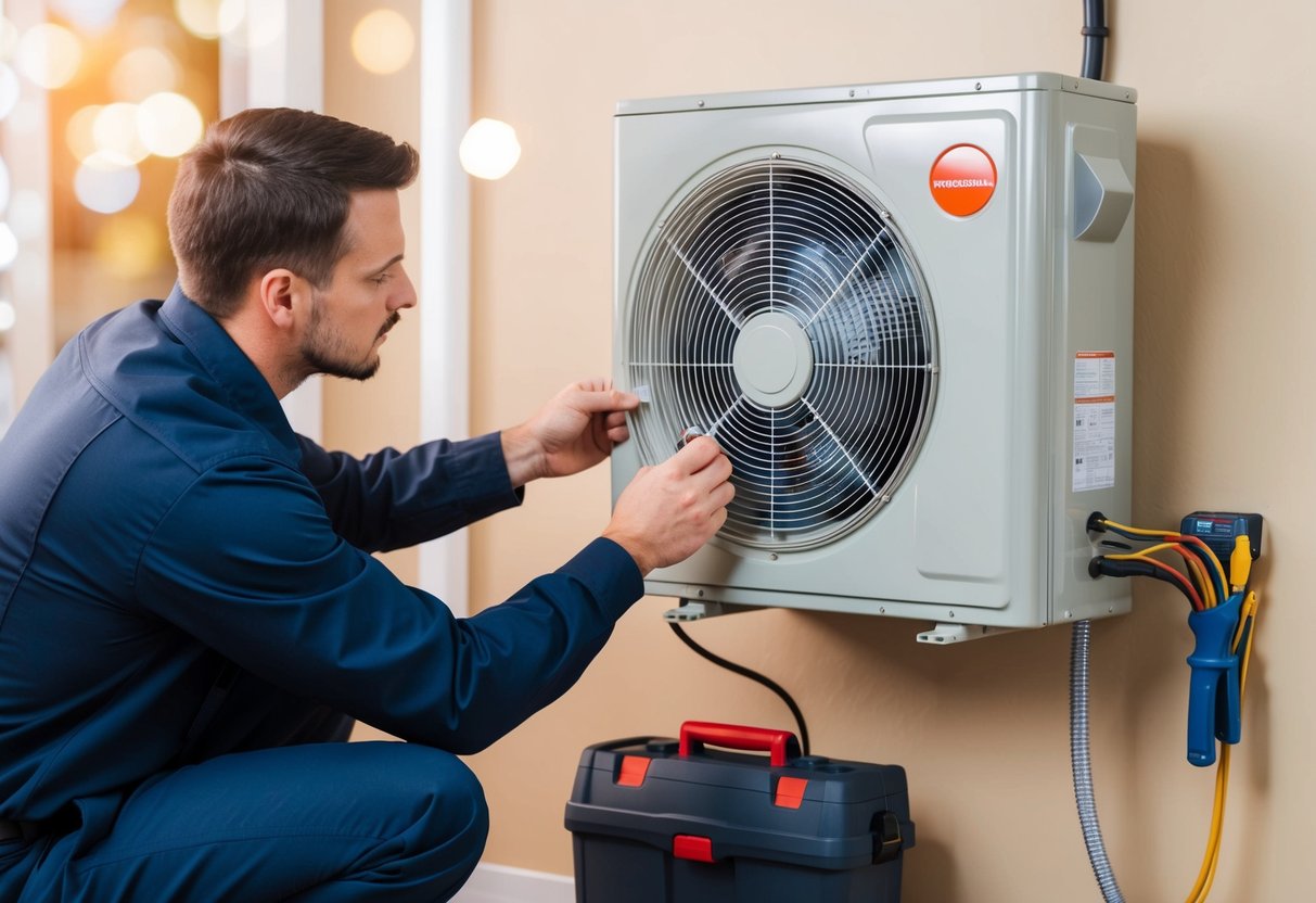 A technician inspecting a heat pump system, checking electrical connections and airflow, with a toolbox nearby