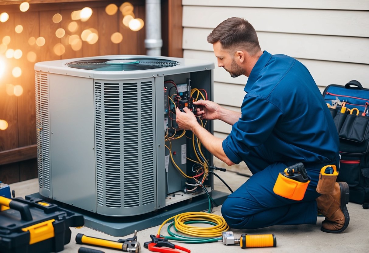 A technician inspecting a heat pump unit with various tools and equipment scattered around. The technician is examining the wiring and components for potential issues