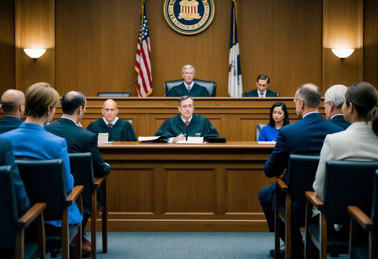 A courtroom with a judge presiding over a preliminary hearing, lawyers presenting evidence, and a defendant and witnesses in attendance