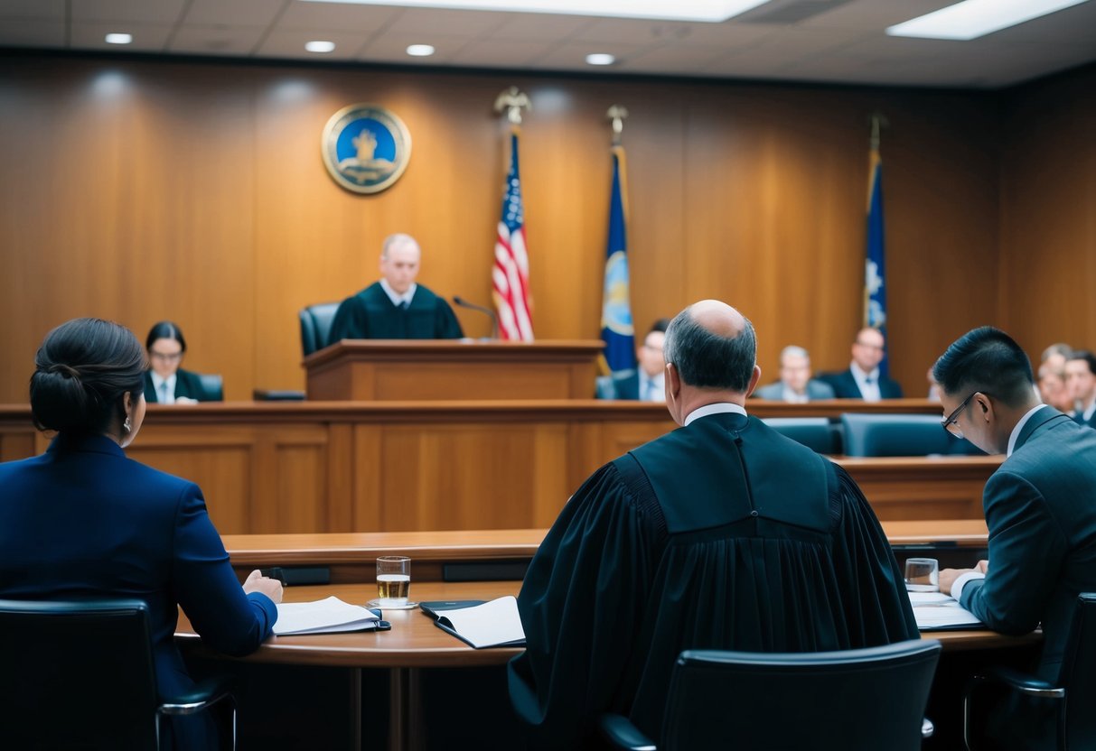 A courtroom with a judge presiding over a preliminary hearing, with lawyers presenting evidence and witnesses waiting to testify