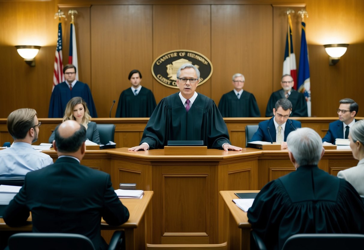 A courtroom with a judge presiding over a preliminary hearing, lawyers presenting evidence and witnesses giving testimonies