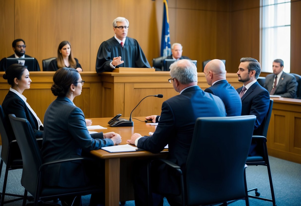 A courtroom scene with a judge presiding over a preliminary hearing. The defense attorney and prosecutor present arguments while the defendant and witnesses await their turn to testify