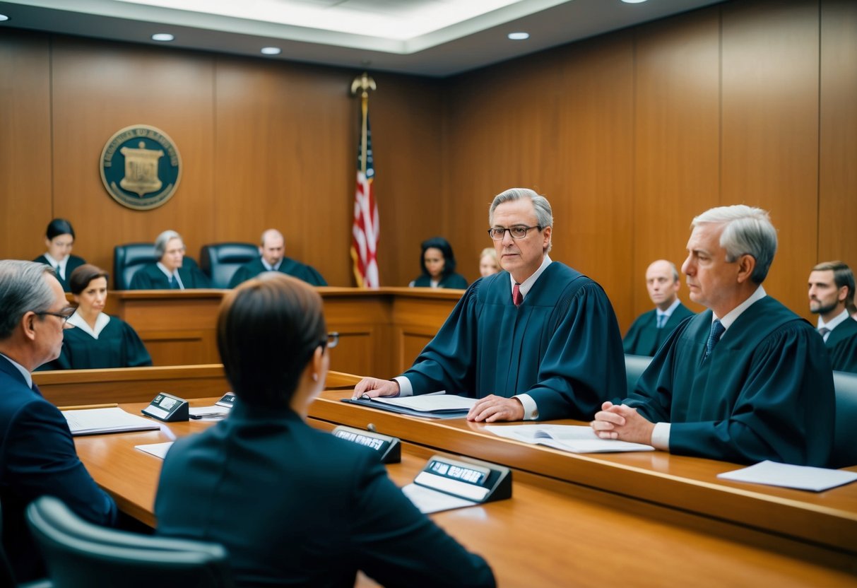 A courtroom with the judge presiding over a preliminary hearing, lawyers presenting arguments, and the defendant and witnesses in attendance