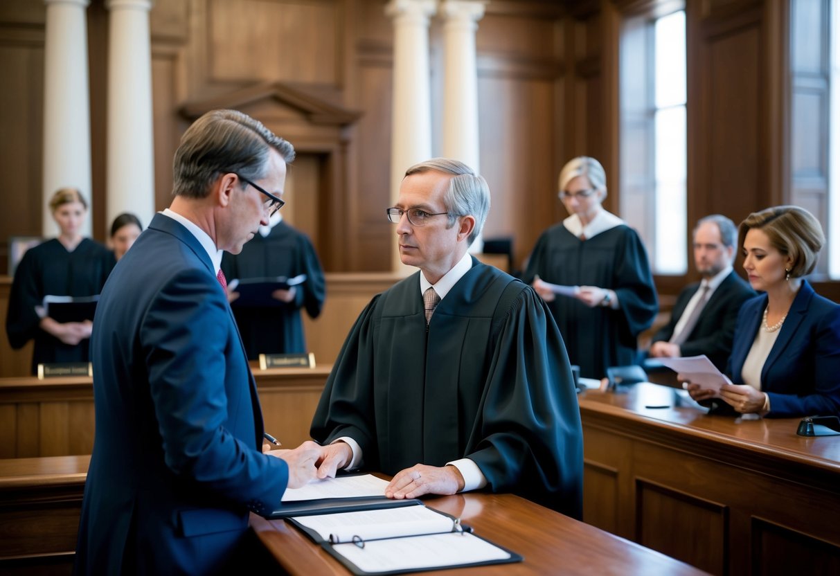 A courtroom with a judge presiding over a preliminary hearing, lawyers presenting evidence, and a court reporter documenting the proceedings