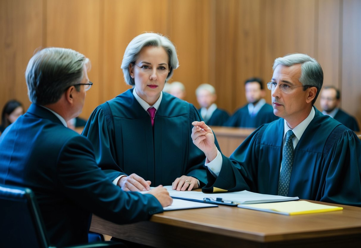 A courtroom with a judge, defense attorney, and defendant. The attorney presents evidence while the judge listens attentively