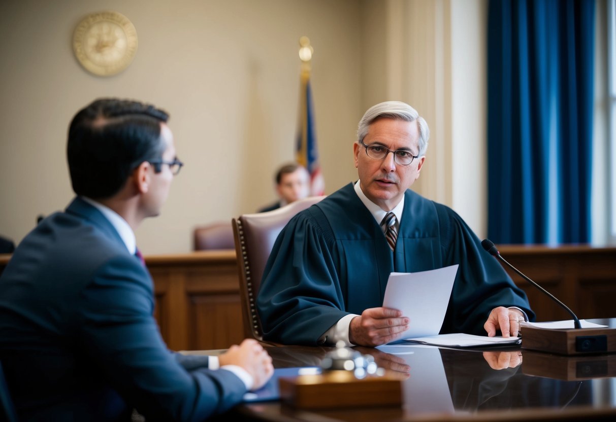 A judge presiding over a courtroom, with a lawyer presenting evidence at a preliminary hearing