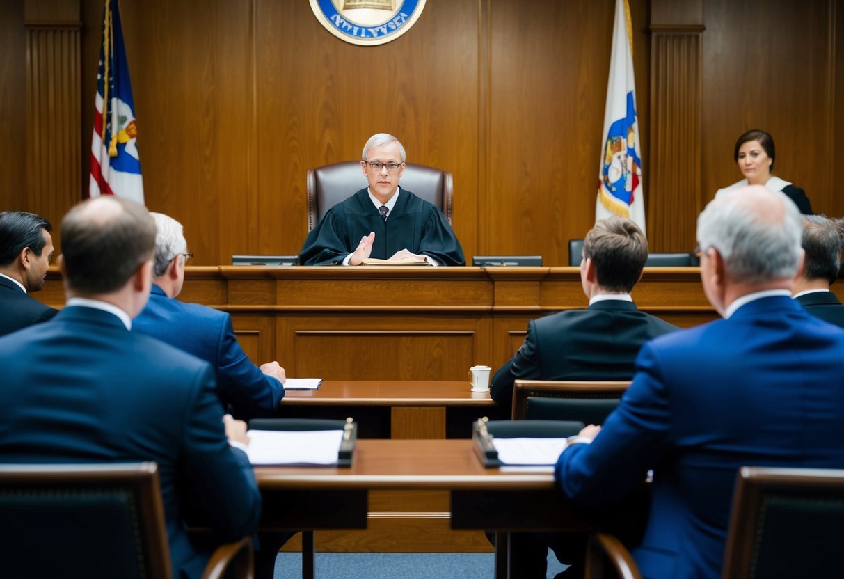 A courtroom with a judge presiding over a trial hearing, while lawyers present evidence and arguments