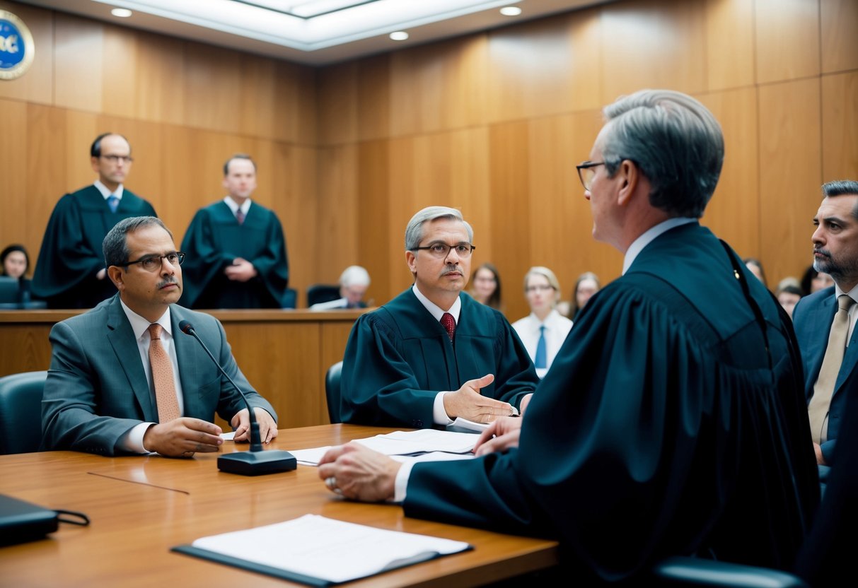 A courtroom with a judge presiding over a preliminary hearing, lawyers presenting arguments, and defendants listening attentively