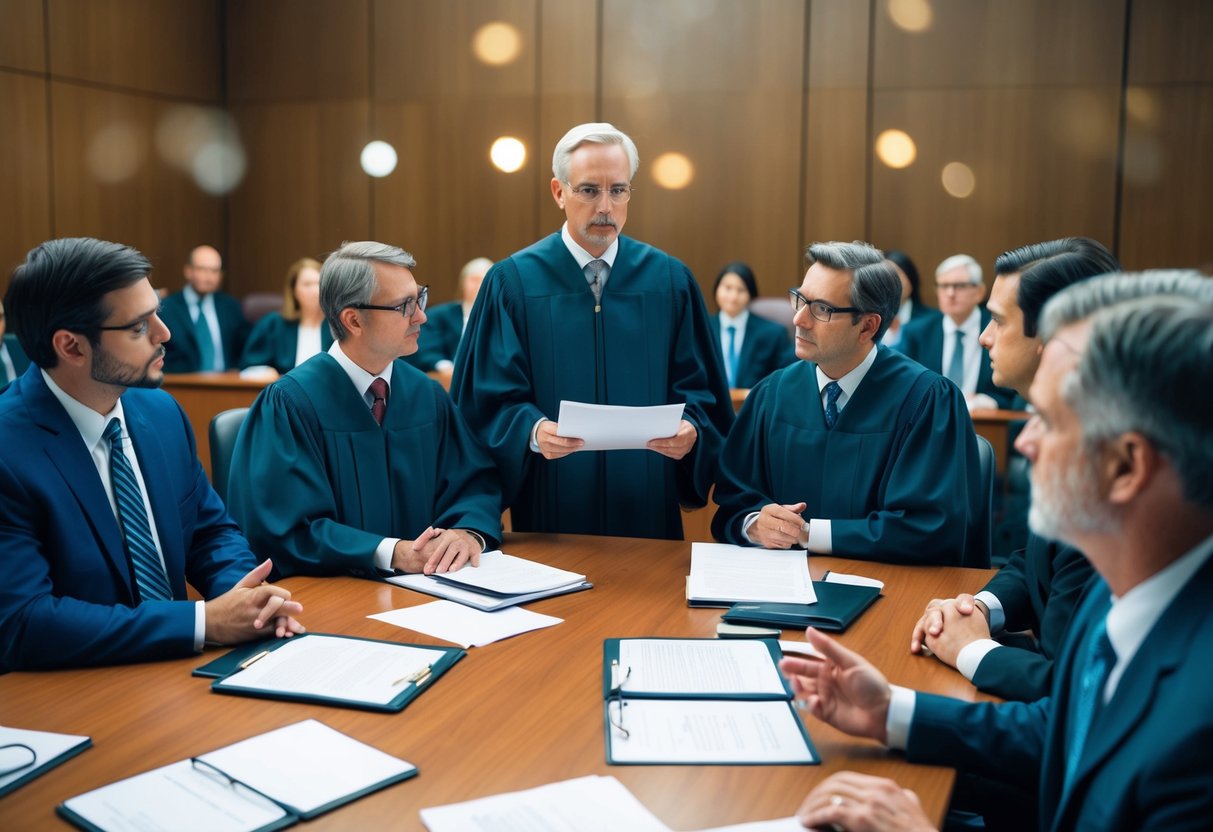 A courtroom with a judge, lawyers, and defendants. Documents and evidence are presented. Discussions and decisions are made