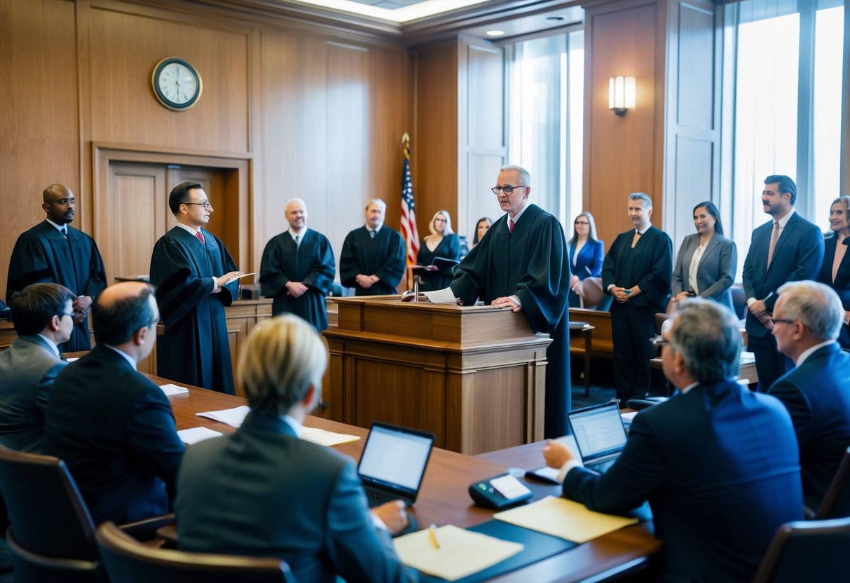 A courtroom with a judge presiding over a preliminary hearing, lawyers presenting arguments, and defendants and their supporters observing