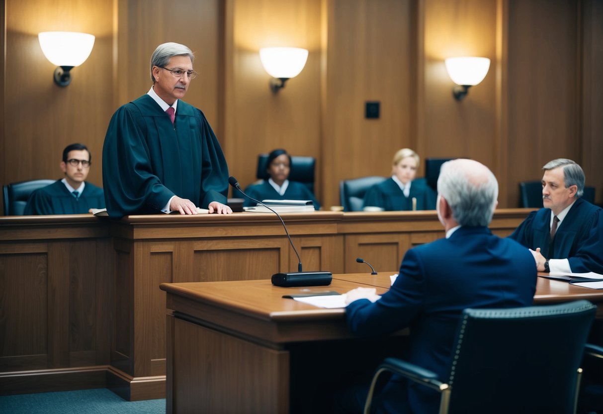 A courtroom with a judge presiding over a preliminary hearing, lawyers presenting evidence, and a defendant sitting at the defense table