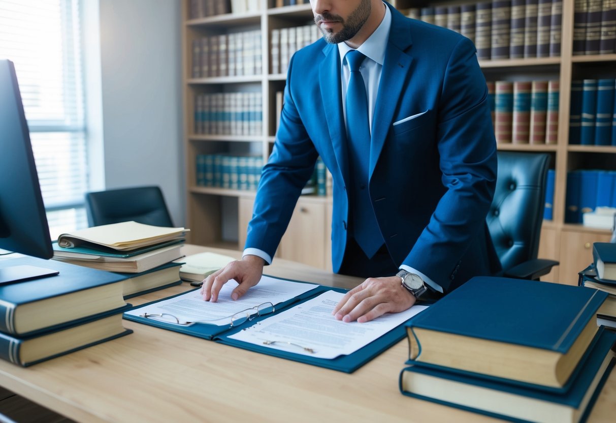 A lawyer reviewing case files and preparing legal documents for a preliminary hearing in a cluttered office with law books and a computer