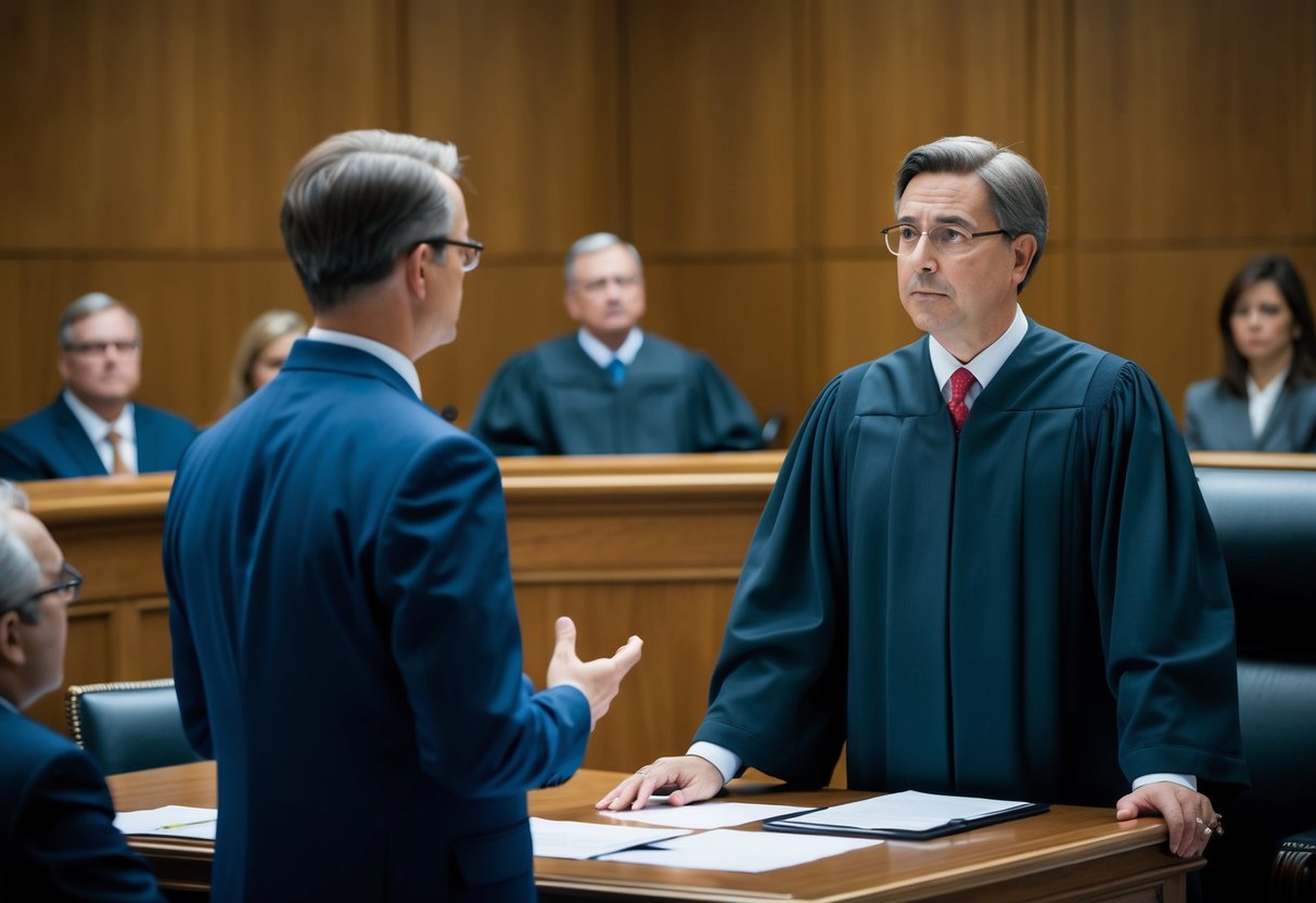 An attorney stands before a judge in a courtroom, presenting evidence and arguments during a preliminary hearing. The judge listens attentively, while the defendant and other parties watch from their seats