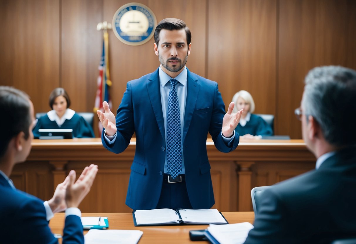 A lawyer stands before a judge in a courtroom, presenting evidence and arguing on behalf of their client during a preliminary hearing